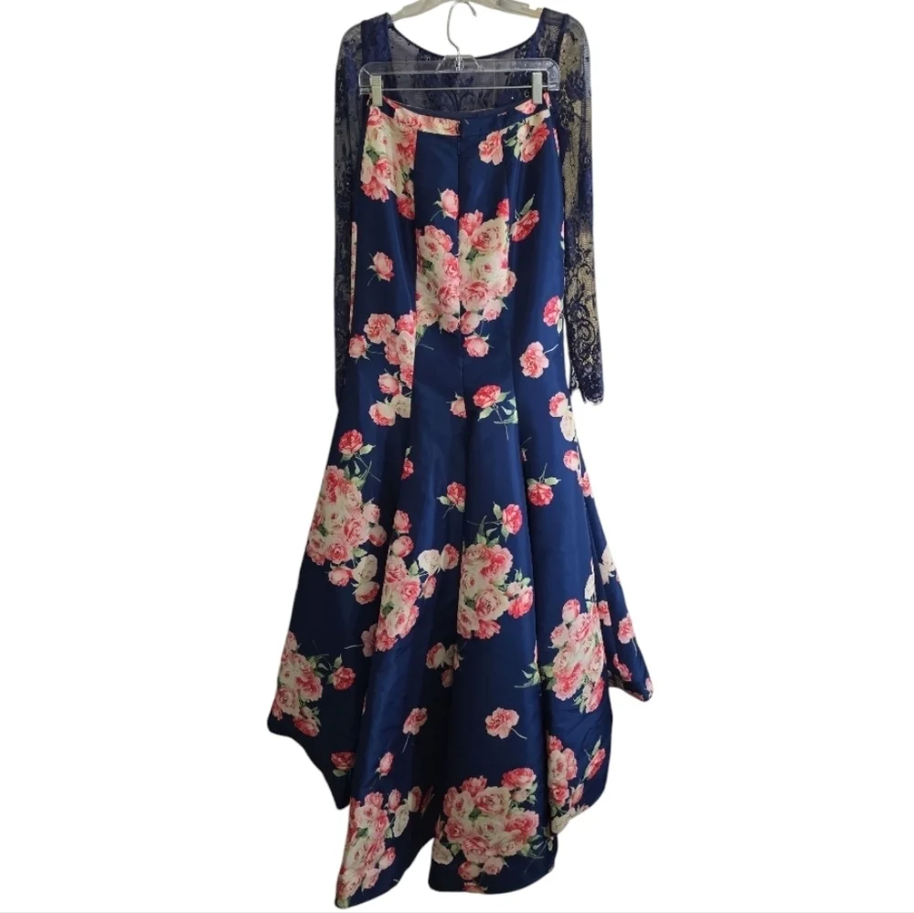 Sherri Hill Navy Floral Lace Evening Gown 2-piece Set 4 Prom Formal Homecoming - Picture 4 of 10